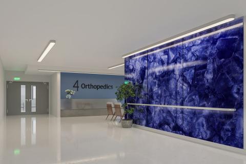 Feature wall in ViviSpectra Zoom glass with Blue Amethyst interlayer