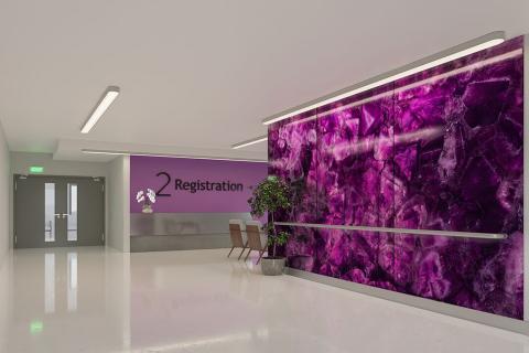 Feature wall in ViviSpectra Zoom glass with Magenta Amethyst interlayer