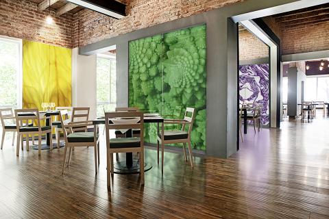 Feature walls in ViviSpectra Zoom glass with Citrus, Romanesco and Cabbage interlayers